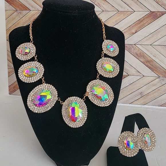 Statement Iridescent AB Necklace Earrings Set - Picture 1 of 9